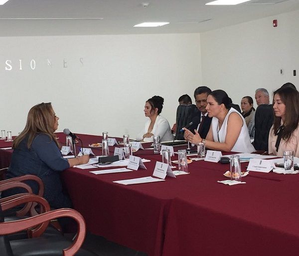 Fue recibida en el Salón de Comisiones, por la diputada Tania Valentina Rodríguez Ruiz, quien preside las comisiones de Desarrollo Económico y el Trabajo, Previsión y Seguridad Social, y otras legisladoras; conforme avanzó la comparecencia, únicamente se quedó al presidenta de ambas comisiones