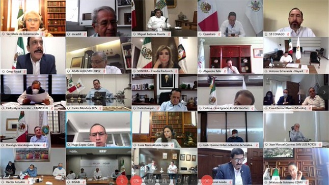 En reunión virtual, de más de tres horas y media, solicitada por el Gobierno de México y en el marco de la coordinación de acciones y trabajos llevados a cabo entre los gobiernos estatales y Federal para la mitigación del Covid-19 y su impacto en la economía nacional y en torno a la estrategia de implementación de regreso a la actividad económica, tomaron diversos acuerdos